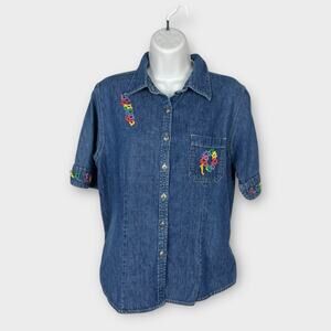 Vintage 90s Denim Shirt Rainbow Embroidery Womens Medium Boho Top